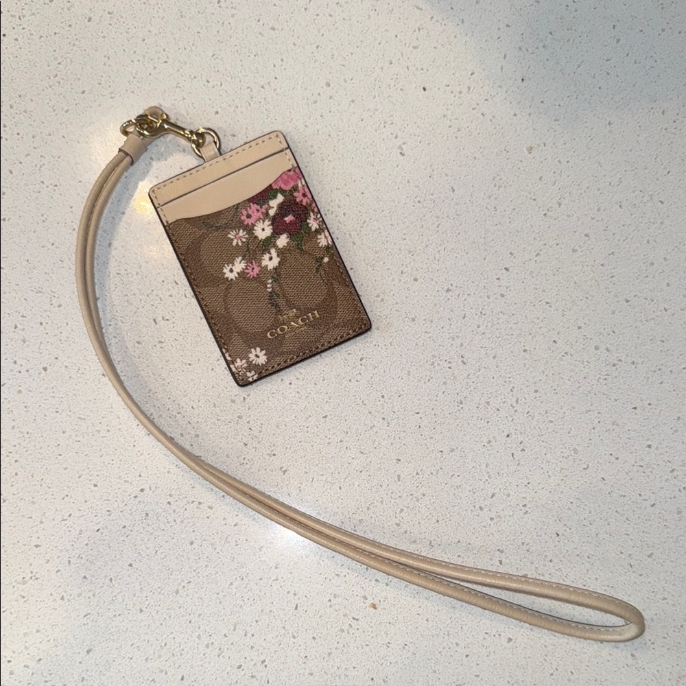 Coach Brown Floral Card Holder with Lanyard